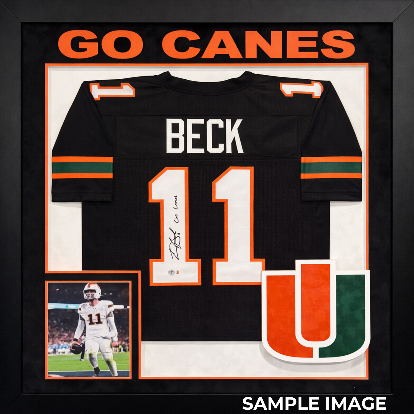 Framed Carson Beck Autographed Go Canes Black Custom Jersey