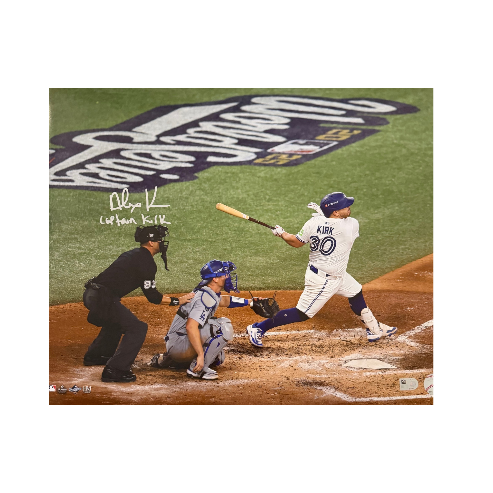 Alejandro Kirk Toronto Blue Jays Autographed "CAPTAIN KIRK" Batting 16x20 Photo