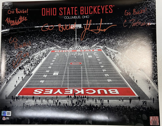 Jack Sawyer, Julian Fleming, Carnell Tate, Brandon Inniss Autographed "Go Bucks" 16X20 - B/W Ohio State Stadium