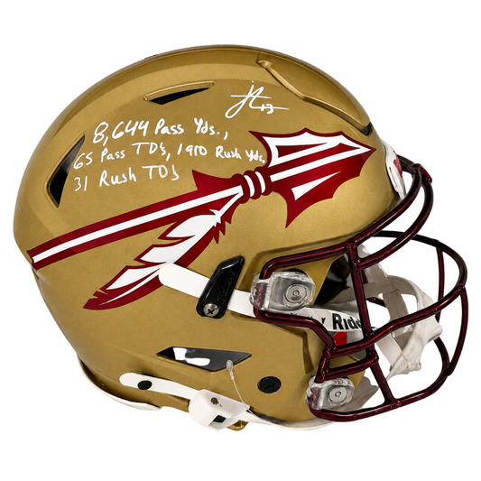Jordan Travis Autographed "8,644 Passing Yard, 65 Passing TD's, 1,910 Rushing Yards, 31 Rushing TD's" Florida State Full Size Speed Flex Helmet