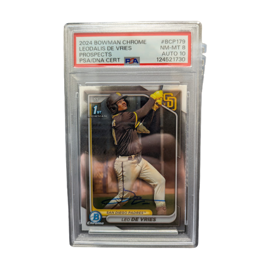 Leo De Vries Autographed 2024 1st Bowman Chrome Rookie Card PSA Graded NM-MT 8 AUTO 10