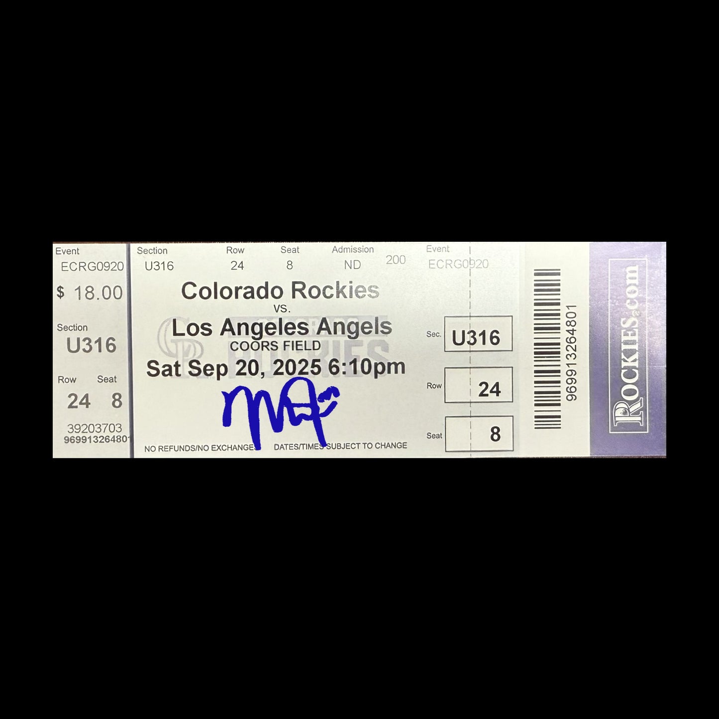 Mike Trout Autographed Colorado Rockies vs. Los Angeles Angels 10/20/2025 Ticket - (PRESALE)